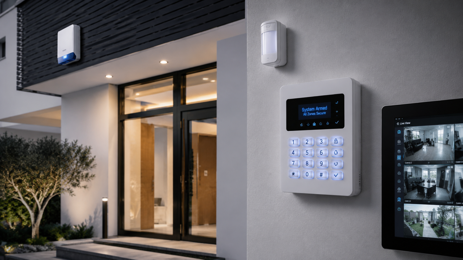 Teclado de central de alarme instalado em parede